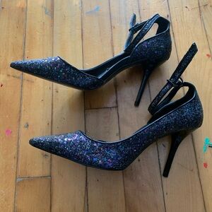 Zara Black Glitter Women's Heels with ankle strap pointy toes